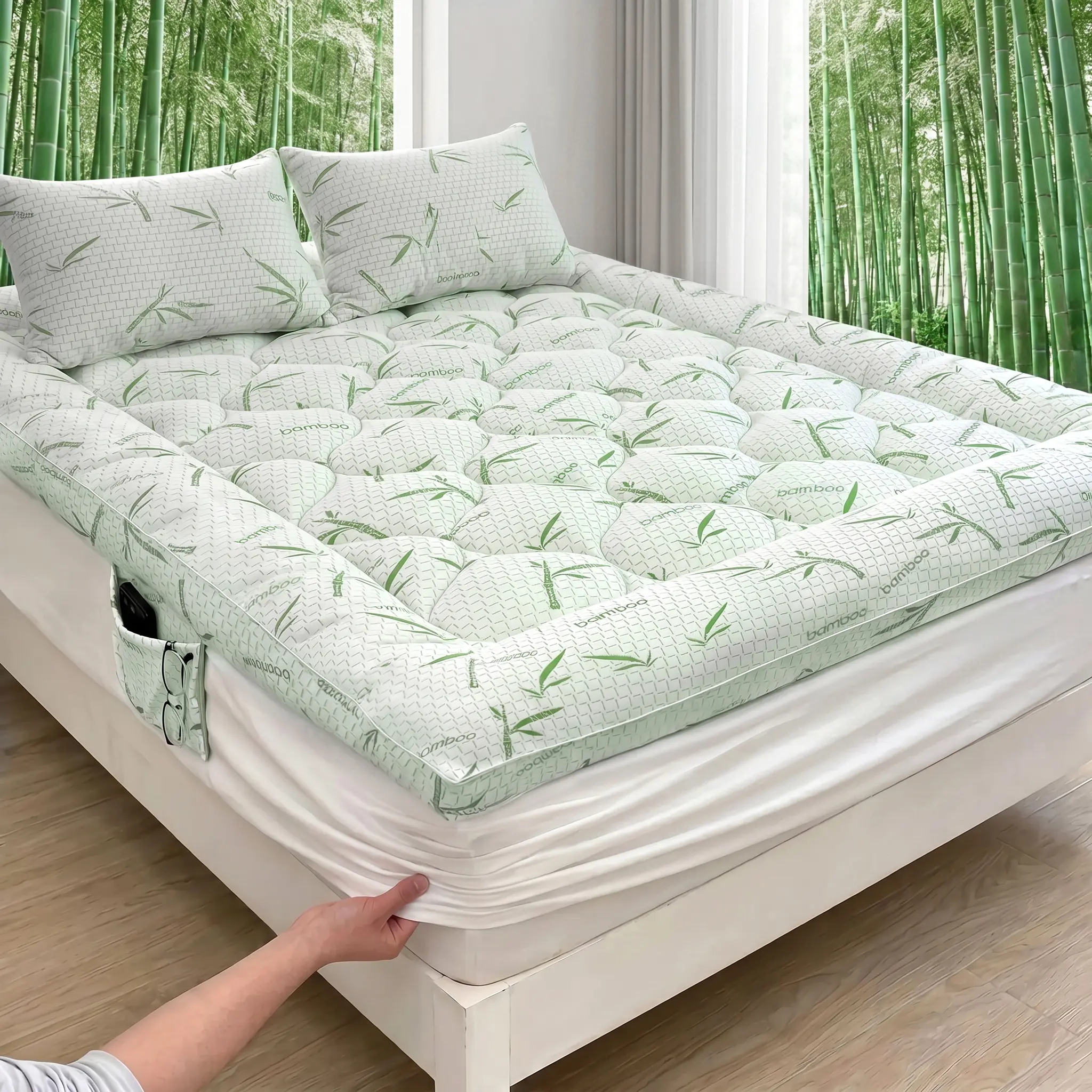 1PC Cooling Bamboo Mattress Topper, Thick Pillow Top Bed Pad, Deep Pocket Fits 6-18", Breathable & Machine Washable bed cover for Pressure Relief Sleep
