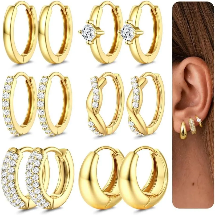 CASSIECA Small Chunky Gold Hoop Earrings for Women Hypoallergenic 14K Gold Filled Huggie Earrings for Women Trendy Cartilage Hoop Earring Stacks Lightweight Earring Sets for Multiple Piercing, Earring For Women, Gold Earrings Summervibes
