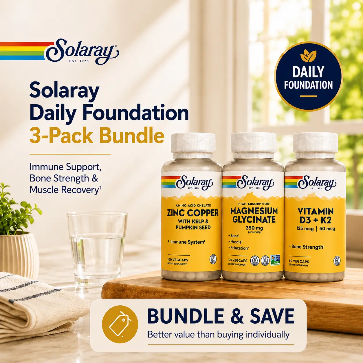 Solaray Daily Foundation 3-Pack Bundle — Magnesium Glycinate + Vitamin D3/K2 + Zinc Copper