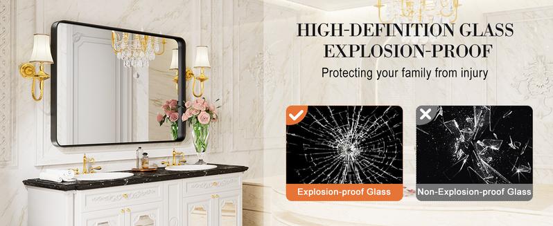 SweetFurniture Bathroom Mirror Wall Mirror for Bathroom Black Metal Framed Rounded Corner Rectangle Vanity Mirror, Large Mirrors for Wall, Anti-Rust