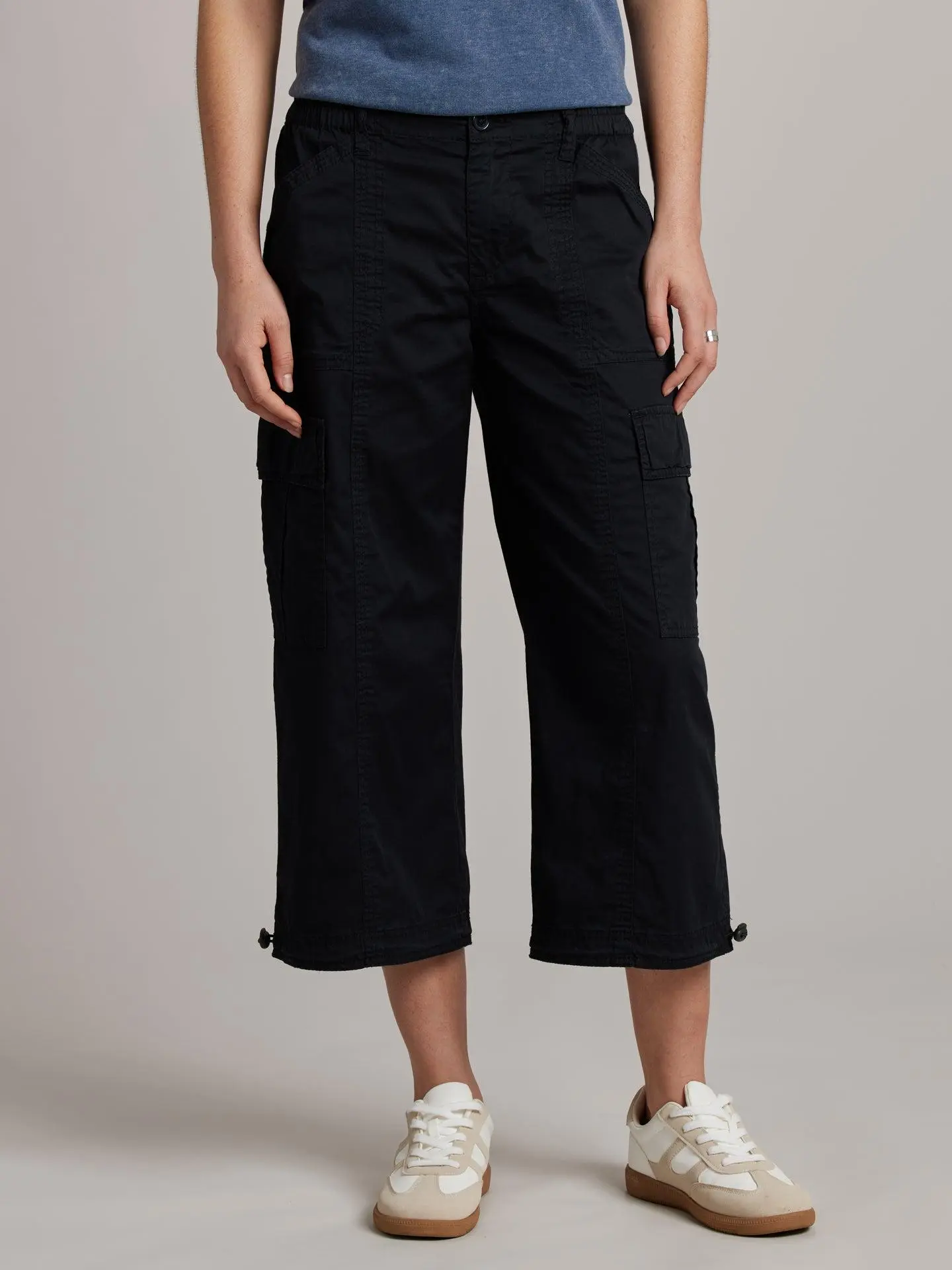 UNIONBAY Women’s High-Rise Faye Cinched Cropped Cargo Pants - Fitted Stretch Twill Spandex Fabric, Adjustable Hem, Pockets, Everyday Casual, Street Style Utility Bottoms