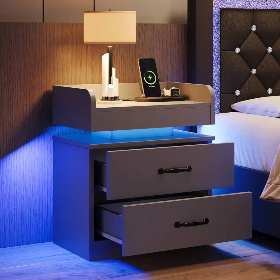 Trend LED Bedside Table - 2 Wood Drawers, USB Ports, 3-Sided Lip, Clean Design Floating Top, Charging Station, Indoor Nightstand for Bedroom, Black/White/Grey