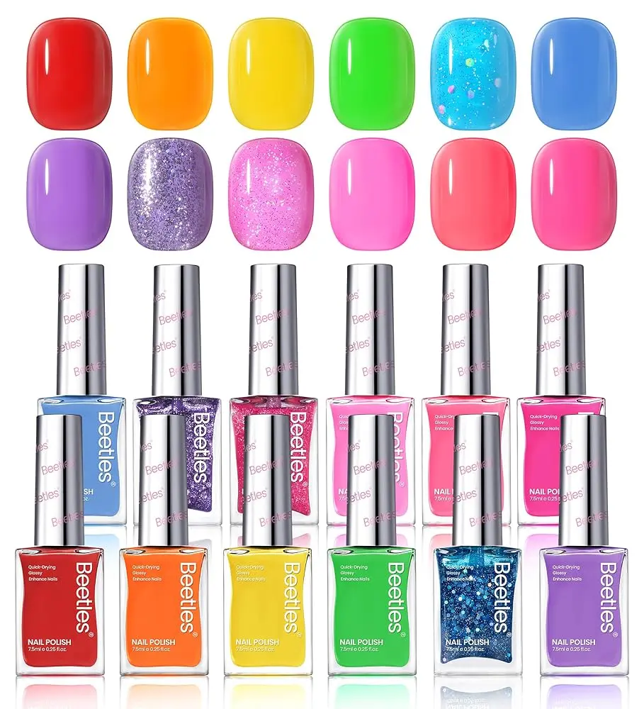 Beetles Glossy Nail Polish Set - Quick Dry Summer Nail Polish Kit Hot Pink Green Blue Yellow Red Regular Air Quick Dry Fingernail Polish Pack for Women Gift Beetles Cocktails Manicure Coverage  #TikTokShopBacktoSchool Neon Cutics Daily Cosmetic Wipe