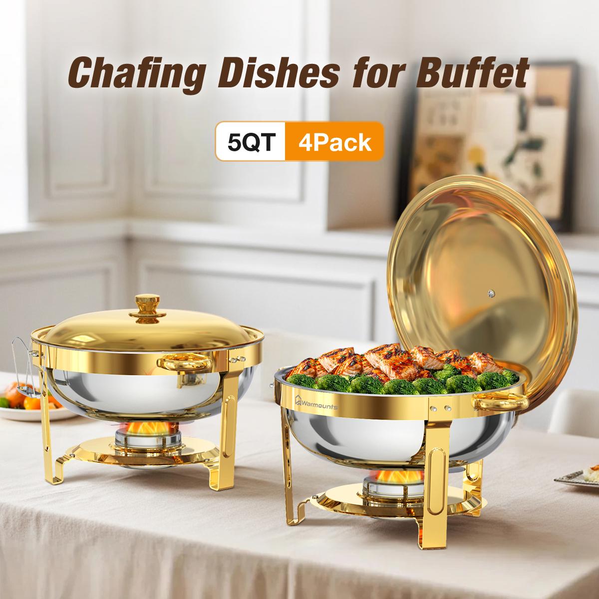 WARMOUNTS 5QT Gold Chafing Dishes for Buffet with Glass Lid, Round Stainless Steel Chafers and Buffet Warmers Sets with Lid Holder, Rolled Rim Design, for Easter Brunch, Parties & Weddings (2/4/6 Pack)