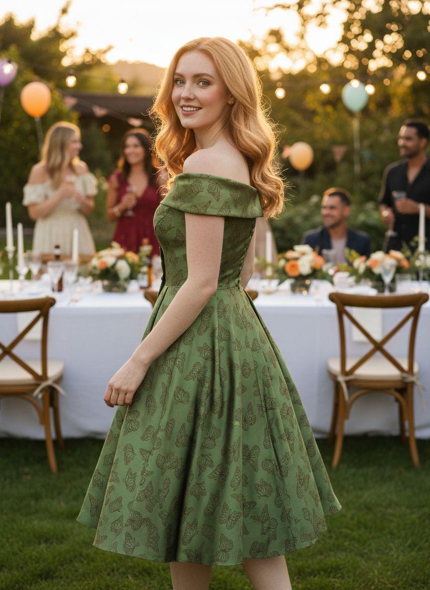 Green 1950s Off-Shoulder Vintage Dress Formal Womenswear Sleeveless Floral Valentine's Day Summer Holiday Dress wedding guset with Back Concealed Zipper Knee Length