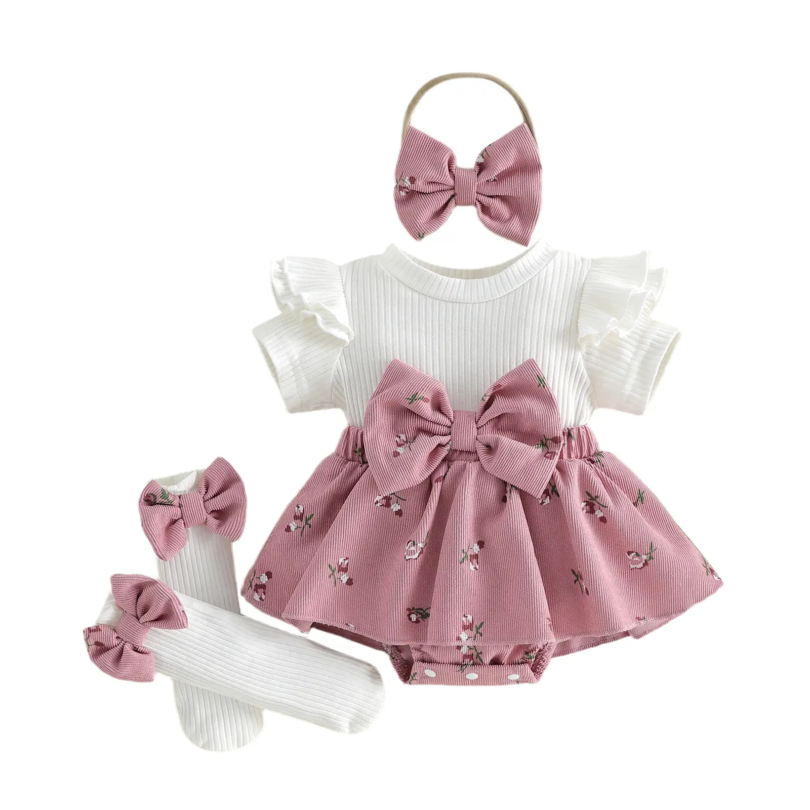 Meihuida Baby Girl Clothes Newborn Summer Outfit Floral Print Dress  Jumpsuit + Long Socks + Headband Sets Ruffle Outfits