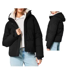 Women's Cropped Puffer Jacket Winter Coat Fur Lined Quilted Jacket with Removable Hood