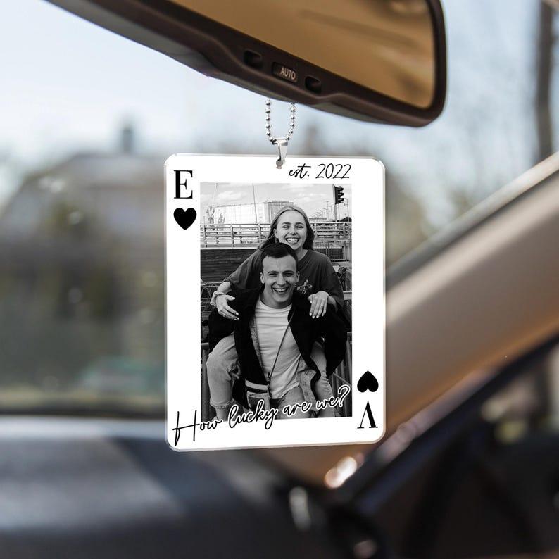 Personalized Your Photo Car Hanging Keychain, Drive Safe Gift for Him, Valentine's Day Gift Boyfriend, Couple Playing Card Car Visor Clip