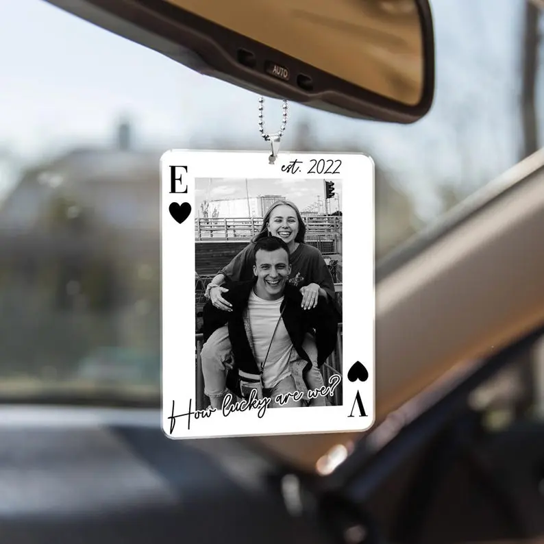 Personalized Your Photo Car Hanging Keychain, Drive Safe Gift for Him, Valentine's Day Gift Boyfriend, Couple Playing Card Car Visor Clip