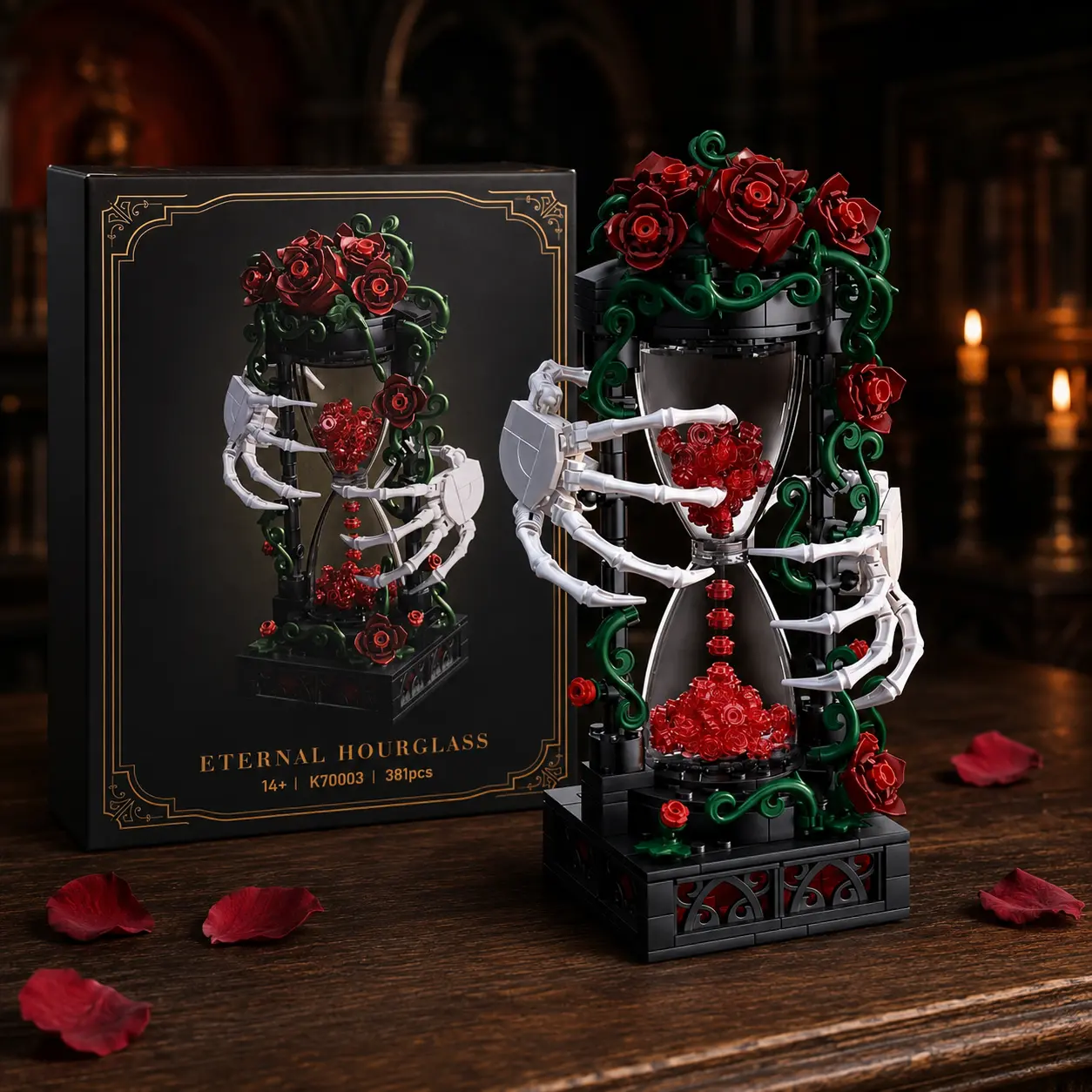 Gothic Eternal Hourglass Building Block Set, 381PCS Skeleton Hands Red Rose Heart Display Model, Dark Academia DIY Puzzle for Adults, Oddities Gifts, Halloween Room Decor for Gothic Lovers unisex