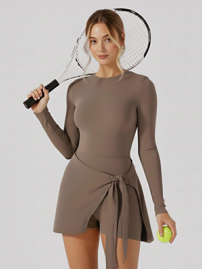 Women's Long Sleeve Solid Color Tennis Dress with Side Slit & Built-in Shorts High Stretch Nylon for Yoga Golf Athletic Activities Crew Neck Spring Summer