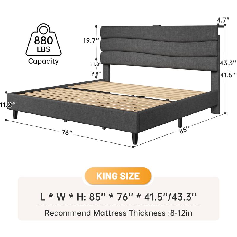【The First Best Bed For Teens】Raybee Bed Frame Upholstered Headboard Height Adjustable Wavy Line Top Storage Shelf & USB Type-C Charging Noise-Free,Easy Assemble & Clean,Qeen Beige,Cream,Gray,King,Full