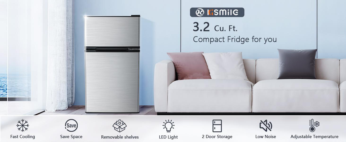 Kismile Compact Refrigerator with Freezer 2 Door Mini Fridge 3.2 Cu Ft Silver Adjustable Shelf Thermostat for Bedroom Office Dorm Kitchen