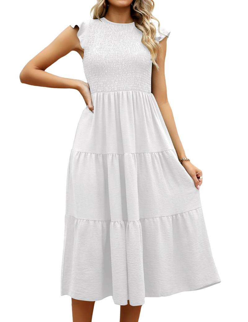 UMIPUBO Summer Flutter-Sleeve Ruched Layered Maxi Dress Casual Womenswear Summer Basic Minimalist