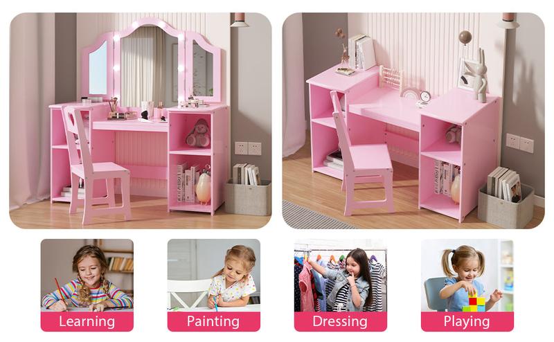 【GARVEE】Princess Vanity Table & Chair Set with 2-in-1 Design, Touch Light, Detachable Tri-Folding Mirror, Open Storage Shelves, Wood Makeup Playset, Easy Assembly, Pink