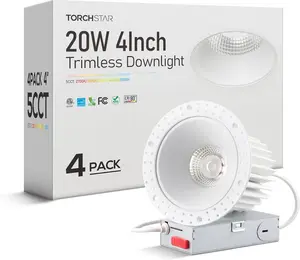 TORCHSTAR LED 4 Inch 20W 5CCT Recessed Lights with J-Box, Receessed Ceiling Light, Round Trimless Downlight, Dimmable, 2700-5000K Selectable (4 Pack)
