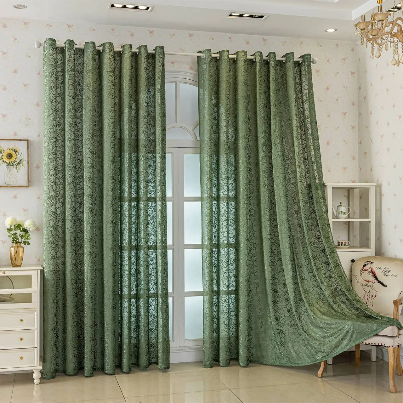 1pc Forest Green Sakura Embroidery Sheer Curtains Grommet Top, Semi-Sheer Drapes for Cozy Bedroom, Yoga Space & Sunroom Decor, Home Decoration Curtain, Window Curtain, Embroidered Curtain, Curtain For Windows