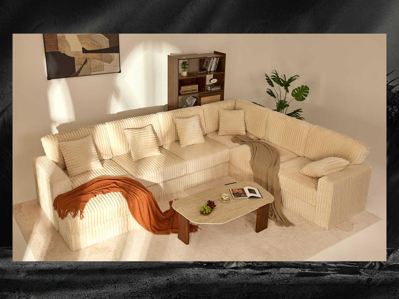 【6 Packages Shipping】Queen Sofa,Cloud Couch 139" U-Shaped Sectional Sofa, Oversized 7-Seater Modular Couch with Corduroy Upholstery, Deep Seats, High Backrest & Pocket Spring Cushions for Living Room, Left Facing Chaise