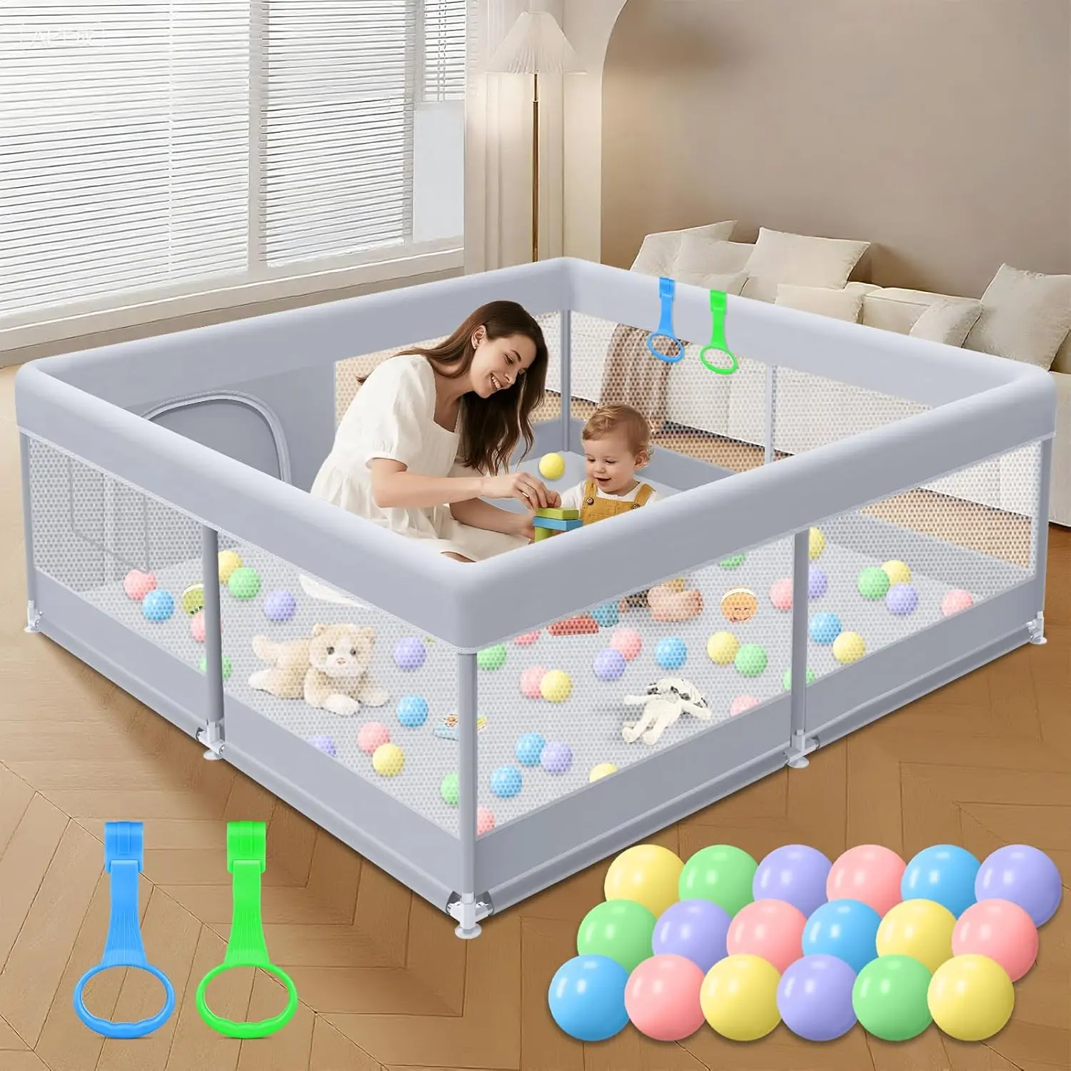 Large Square Baby Playpen, 50x50 in BPA-Free Portable Polyester Playard for Toddlers, Indoor-Outdoor Safety Activity Center with 360° Full Vision Breathable Mesh Walls, Alloy Steel Tubes, ABS Plastic Connectors, Zip Closure, Oxford Cloth