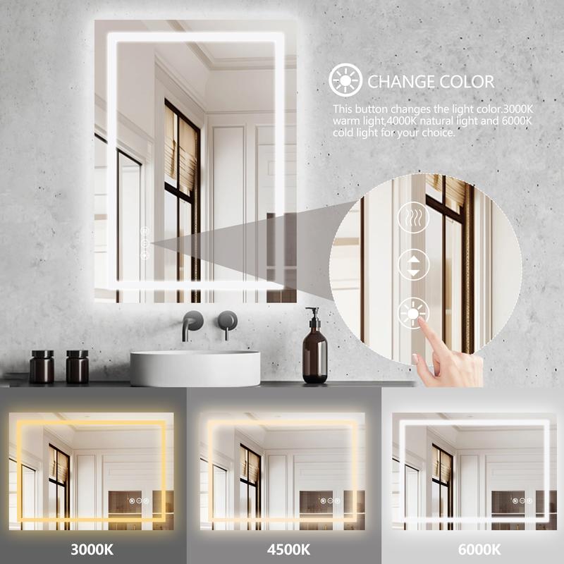 RIMIKING LED Bathroom Mirror with Anti-Fog, Dimmable Touch Light, 3 Color Modes, Memory Function, Tempered Glass,Anti-Fog Feature,MI-ZJLED