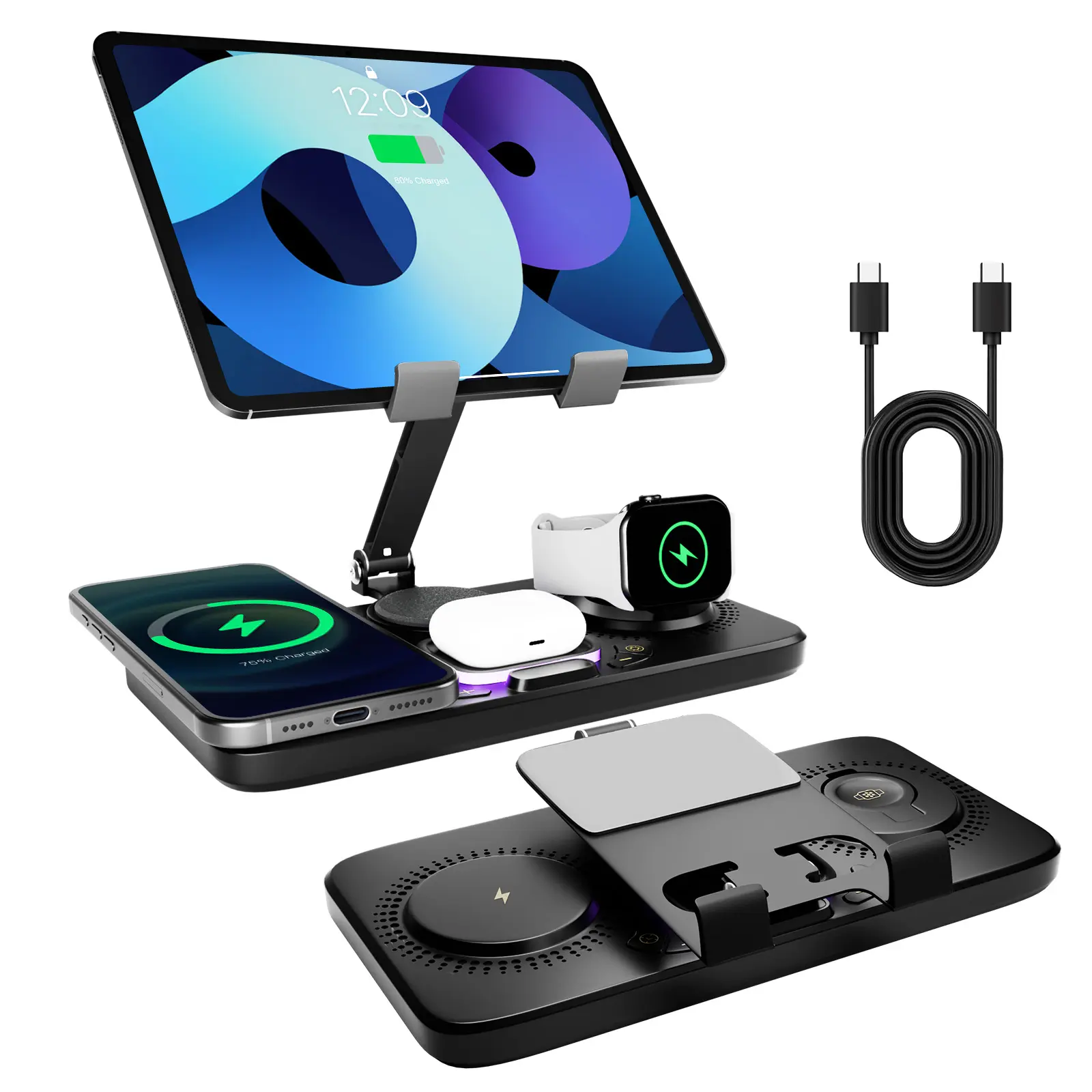 6-in-1 Foldable Portable Desktop Wireless Charging Stand with Digital Clock, Adjustable for iPhone, iPad, Samsung, Smartphone, Cellphone, Electronic Devices - sohochic, Led, Mobile
