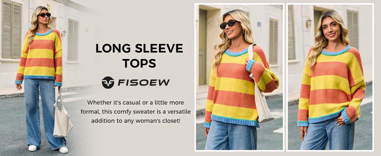 FISOEW Womens Oversized Sweaters Casual Long Sleeve Color Block Crewneck Knitted Loose Fall Pullover Tops Womenswear Knitwear Fit Comfy #TikTokShopHolidayHaul Soft Overall Everyday SpringStatements
