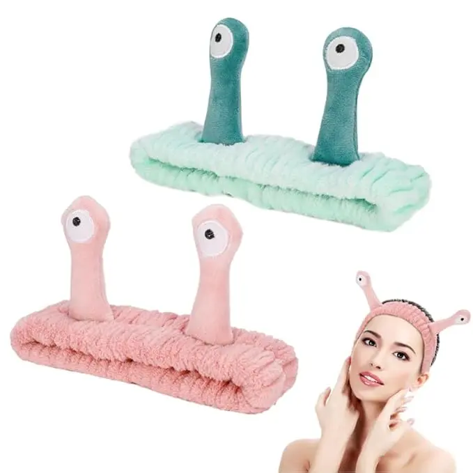 Cute Cartoon Snail Headbands, 2 Pack - Coral - Hairband for Washing Face, Skincare Makeup Headbands Women, Soft Microfiber Fleece, Elastic Headband, Hair Accessories for Women