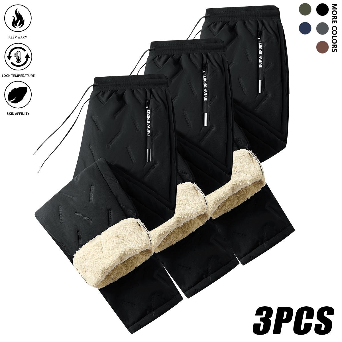Men's Warm Winter Pants Set - 3 Pack Thick Cotton Trousers with Drawstring Waistband, Black Cold-Resistant for Daily and Formal Wear, Side Pockets - Suitable for Office Work and Outdoor Activities solid drawstring waist sweatpants wind  proof  pants mens