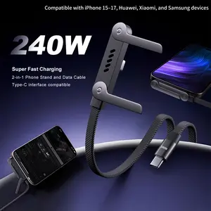 Invisible Holder Charger Cable with Stand, 240w super fast charging 2-in-1 Fast Charging Cord & Phone Stand for Gaming, Office, Car Travel, Compatible with iPhone Samsung Type-C charging cable Black