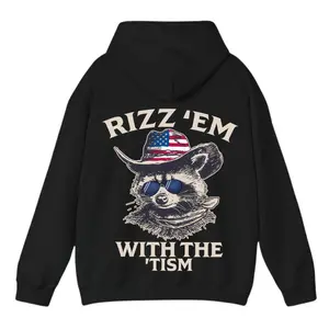 Rizz 'Em With The 'Tism Hoodie – Funny Raccoon Cowboy Graphic Pullover, Unisex Trendy Streetwear Aesthetic, Thermal Hoodie for Men and Women