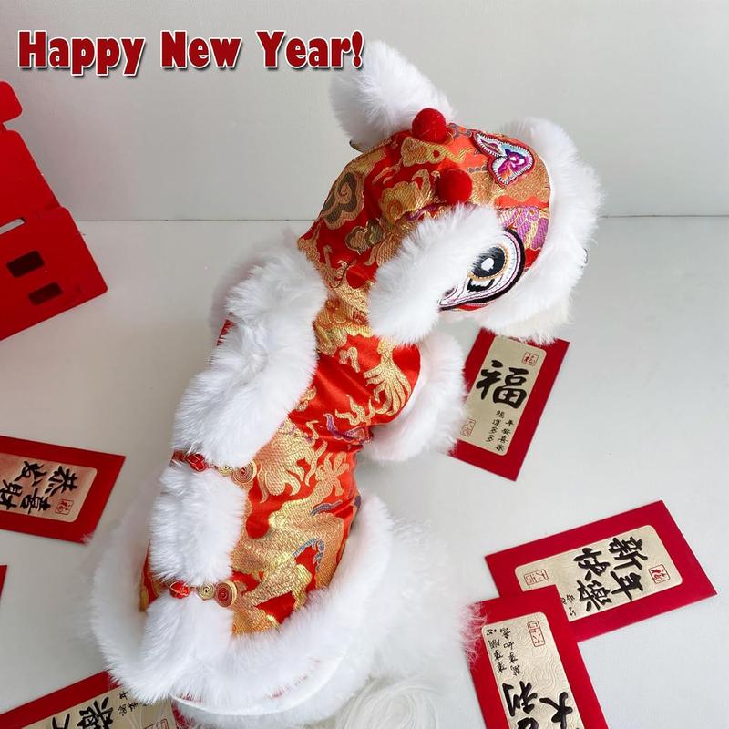 【Pet Supplies】Generic New Year Dog Lion Dance Coat Spring Festival Small Medium Pets Winter Costume Warm Outfit Lightweight Lion Style Keep Pets Cozy Festive Red Lucky Gift