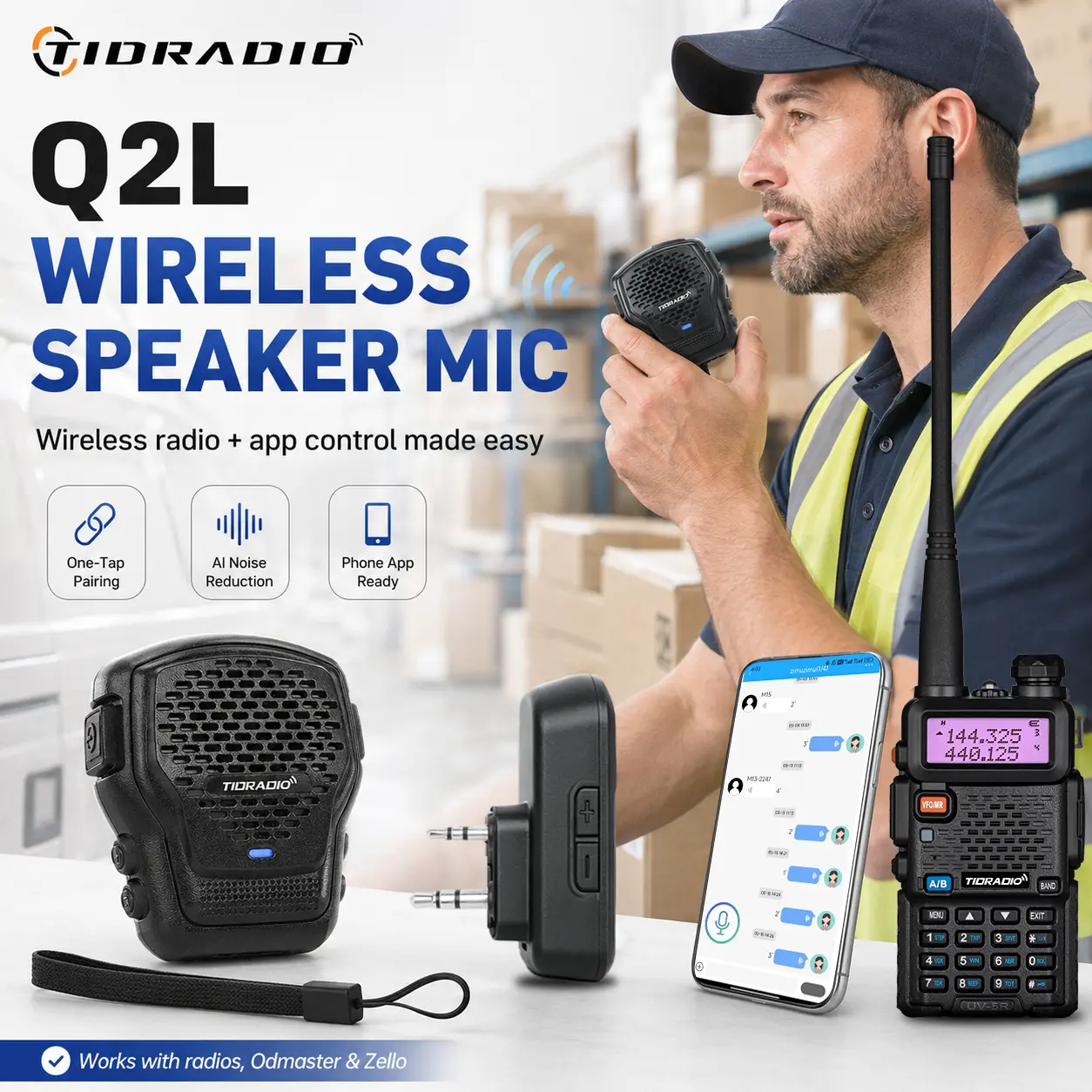 TIDRADIO Q2L Multifunctional Walkie Talkie Wireless Speaker Mic for Ham Radio, Bluetooth PTT Microphone with AI Noise Reduction, Odmaster Global PTT Communication, Optional BL-2 Adapter for Wireless Programming Most Radios
