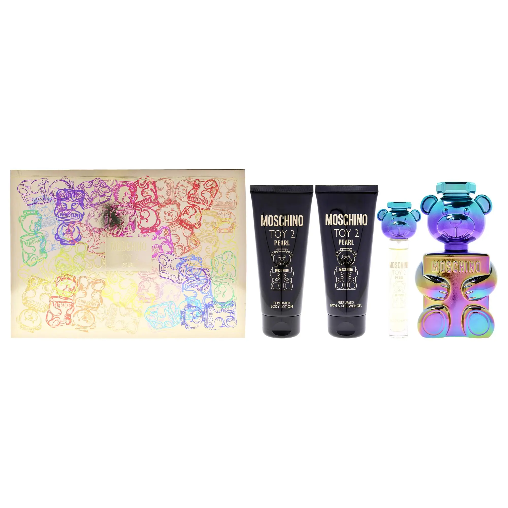 Moschino Toy 2 Pearl by Moschino for Unisex - 4 Pc Gift Set 3.4oz EDP Spray, 0.33oz EDP Spray (Mini), 3.4oz Body Lotion, 3.4oz Bath and Shower Gel