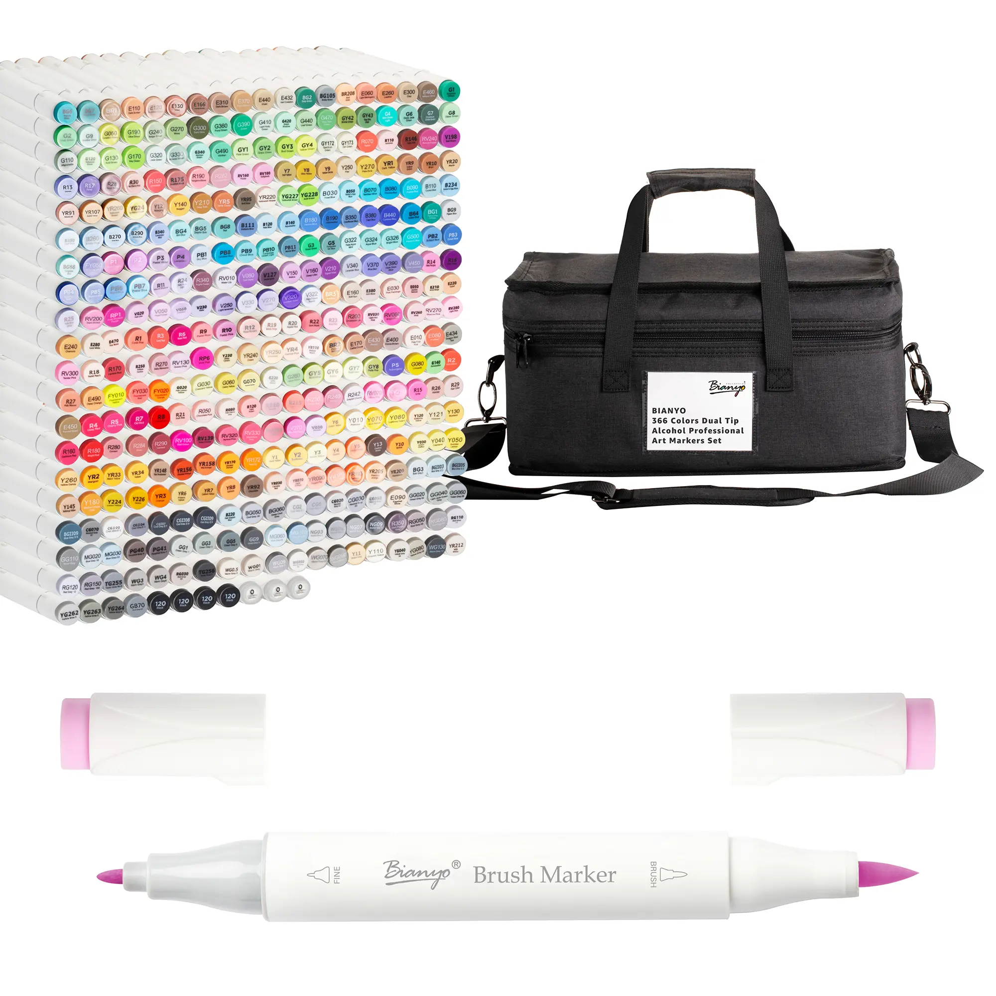 Bianyo 372-Piece Dual Tip Brush & Fine Alcohol Ink Markers Set - Color Stability, 3 Extra Deep-Black, ASTM D-4236, Shoulder Strap Bag, Fluorescents, Color Expression, Sketchbook Ideas, Journaling Supplies, Fashion Illustration - Office Stationery