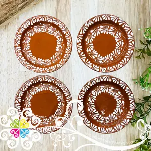 Set of 4 Large Natural with White Espiga Plate - Set Clay Flat Plates