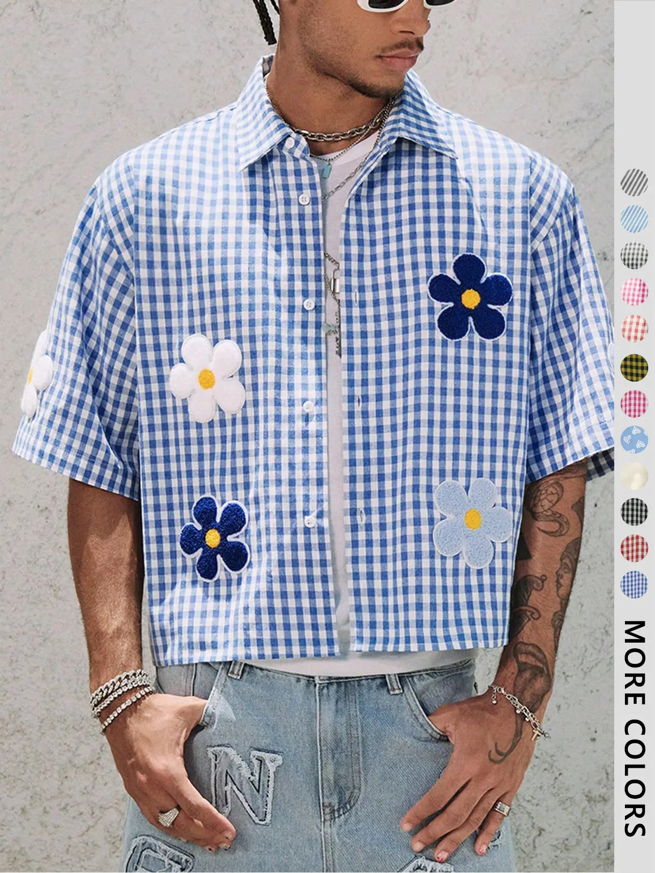 Men's Floral Embroidery Short Sleeve Shirt, Regular Fit Fashion Casual Street Retro Gingham Plaid Graphic Button Front Top for Summer, Men's Clothes for Daily Wear