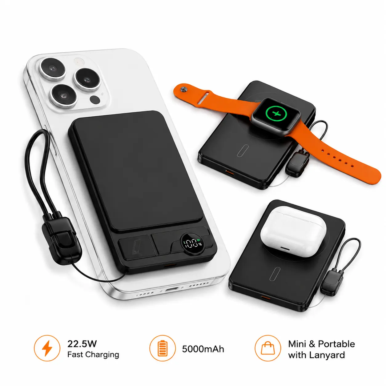 Magnetic Power Bank 5000mAh with Built-In USB-C Cable and Metal Kickstand, 20W Fast Charging Portable Battery Pack with LED Display for iPhone 17/16/15/14/13/12