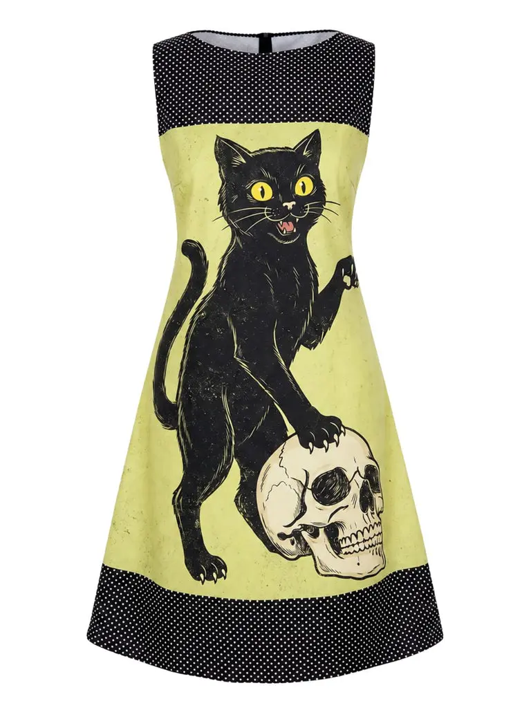 Yellow 1960s Cat Skull Gothic Sleeveless A-Line Dress BackToSchool Sohochic Fall Dresses Fall outfits Fall fashion