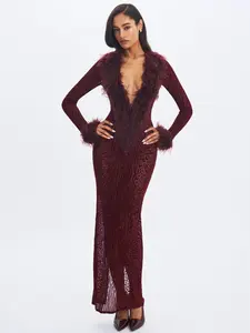 Luana Burgundy Plunging Fur Trimmed Crochet Maxi Dress
