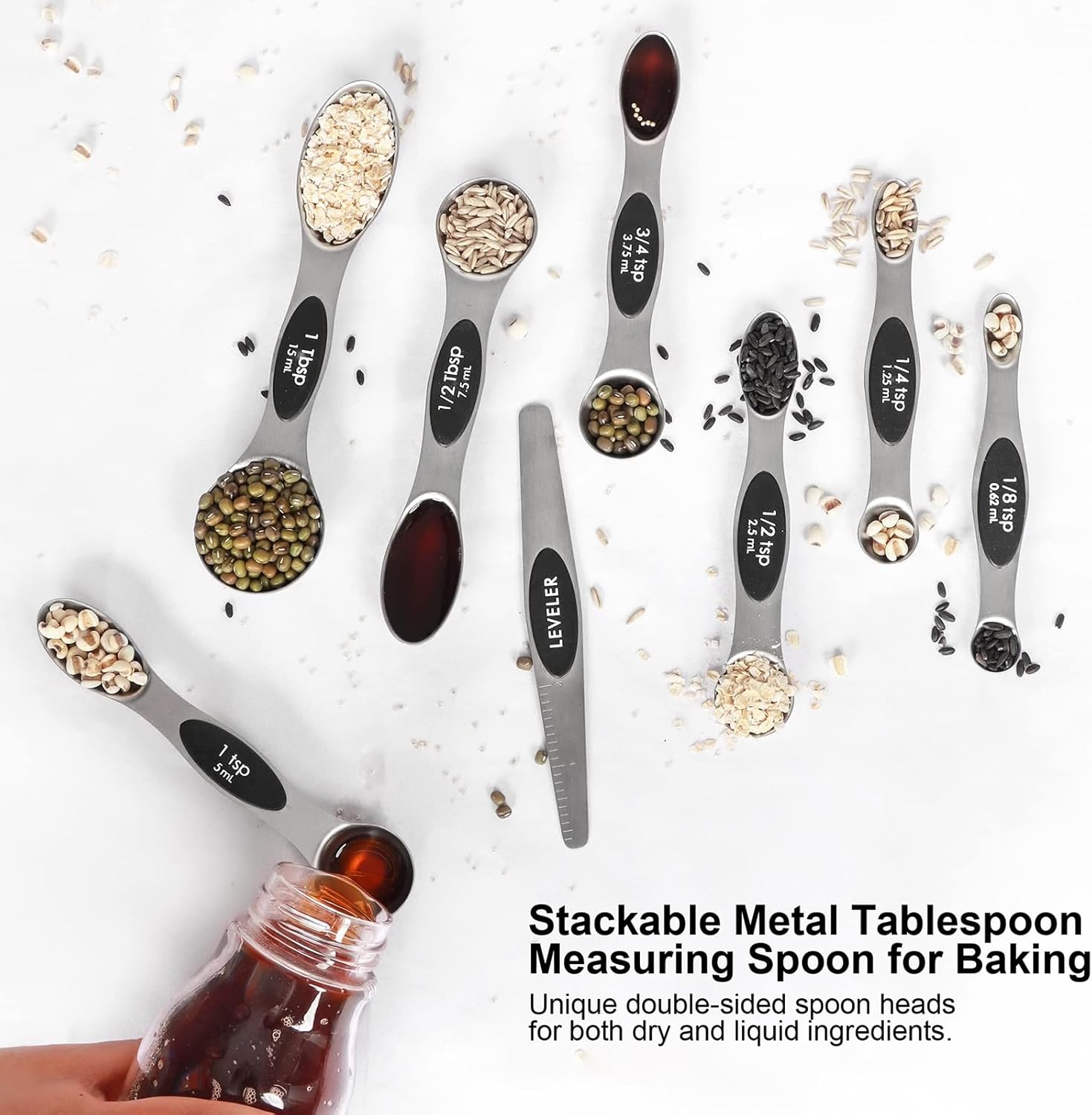 Stainless Steel Magnetic Spoons 7 Set with Leveler for Baking, Stackable Metallic Spice  Kitchen Utensils and Gadgets Measure Cups Measuring