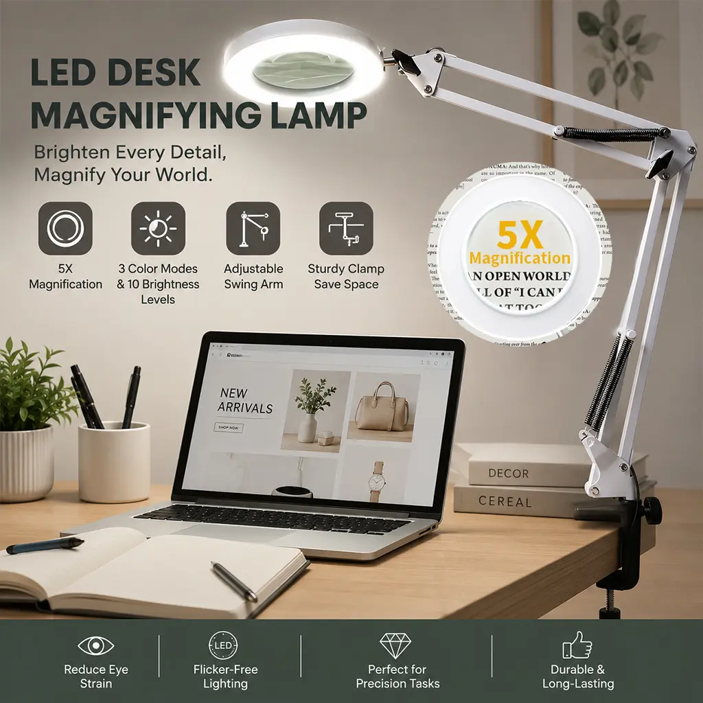 5X Magnifying Glass Dimmable Clamp-On Desk Lamp with Light - Adjustable Swivel Swing Arm, 3 Color Modes & 10 Brightness Levels, Ideal for Manicure, Crafting, Brighten Tasks, Home Improvement Lighting Accessory
