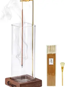 Ceremony Incense Holder, Wooden Incense Holder for Sticks with Glass Ash Catcher, Anti-ash Incense Burner with 20 Incense Sticks and a Ash Brush for Meditation Yoga Spa Room Decor