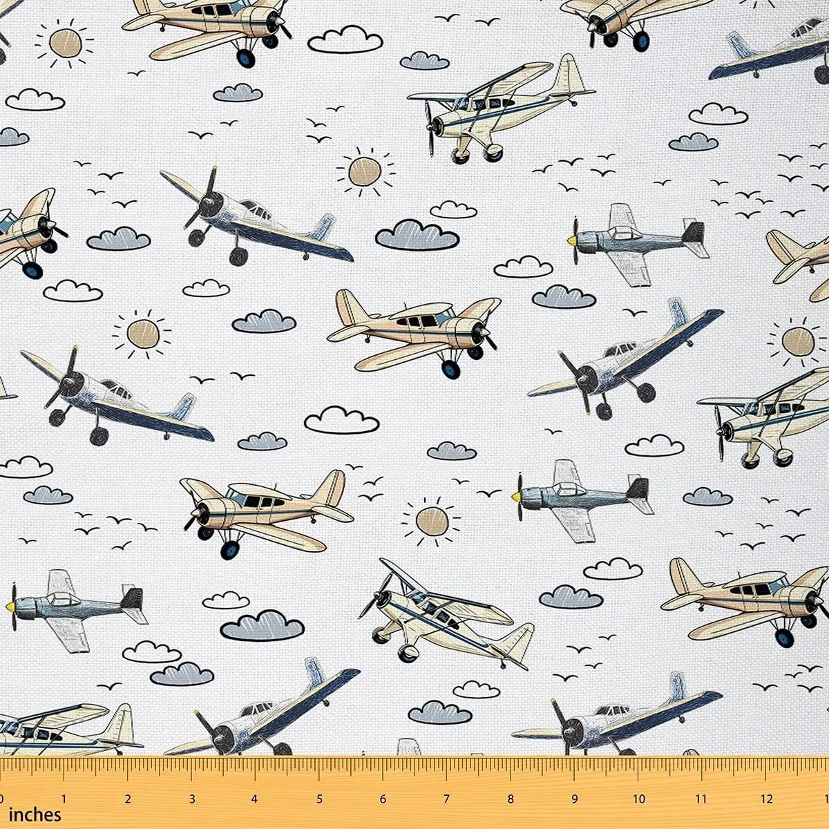 Aircrafts Fabric by The Yard,Soft Polyester,Cartoon Airplane Hand Drawn Fabrics,Watercolor Flying Vehicle Fabric for Home DIY Projects Bolts,No Stretch