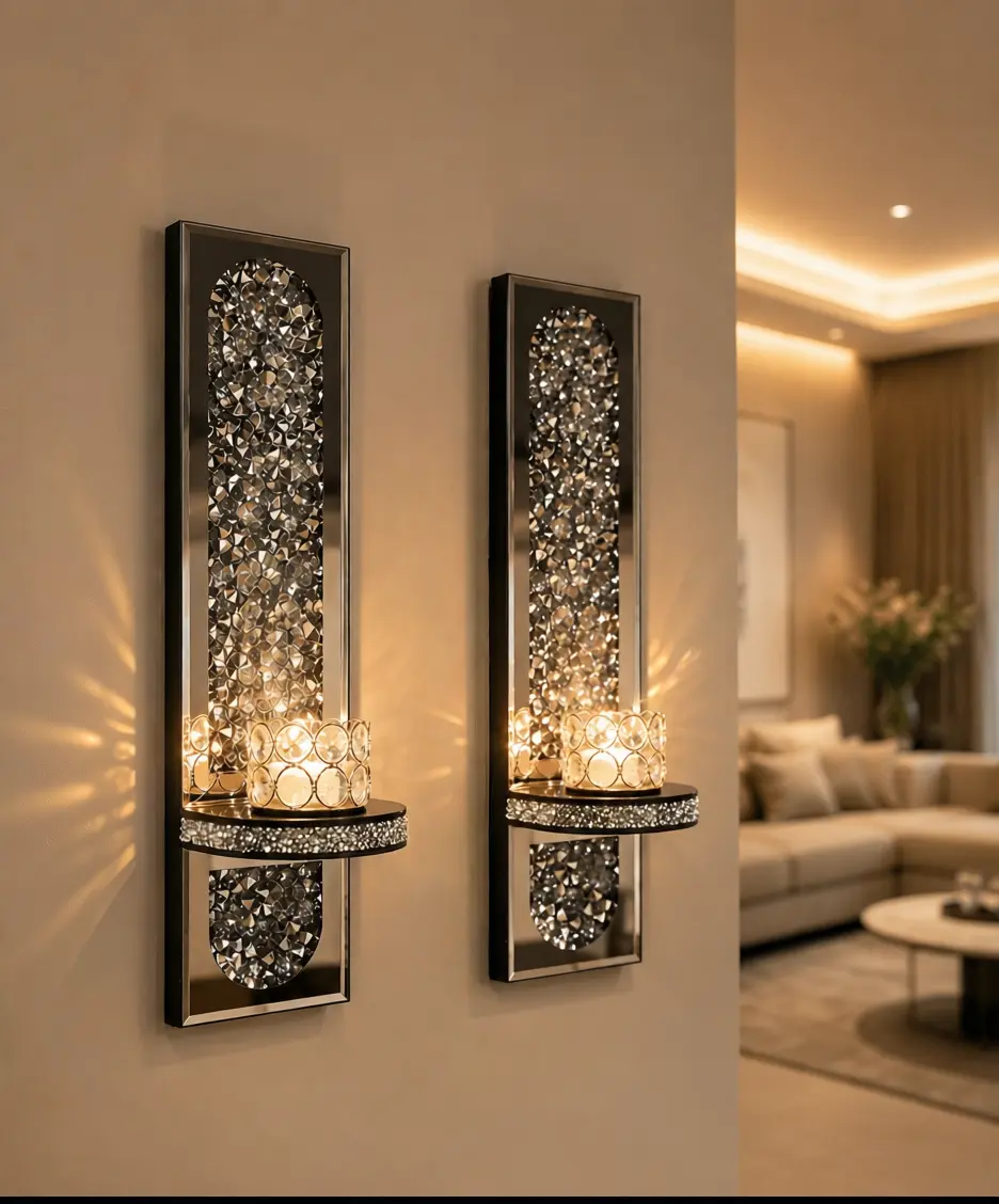 2-Piece Crystal Mirror Bow Wall Candelabra Wall Sconces, Aesthetic House & Living Room Decor, Versatile Room Decor for Casual & Engagement Occasions, No Electricity or Lights Included, House Decor