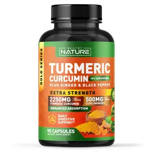 Built By Nature Turmeric Curcumin 2250mg - 95% Curcuminoids with Ginger & Black Pepper for High Absorption - Extra Strength Joint Support - Non-GMO Vegan - 90 Capsules