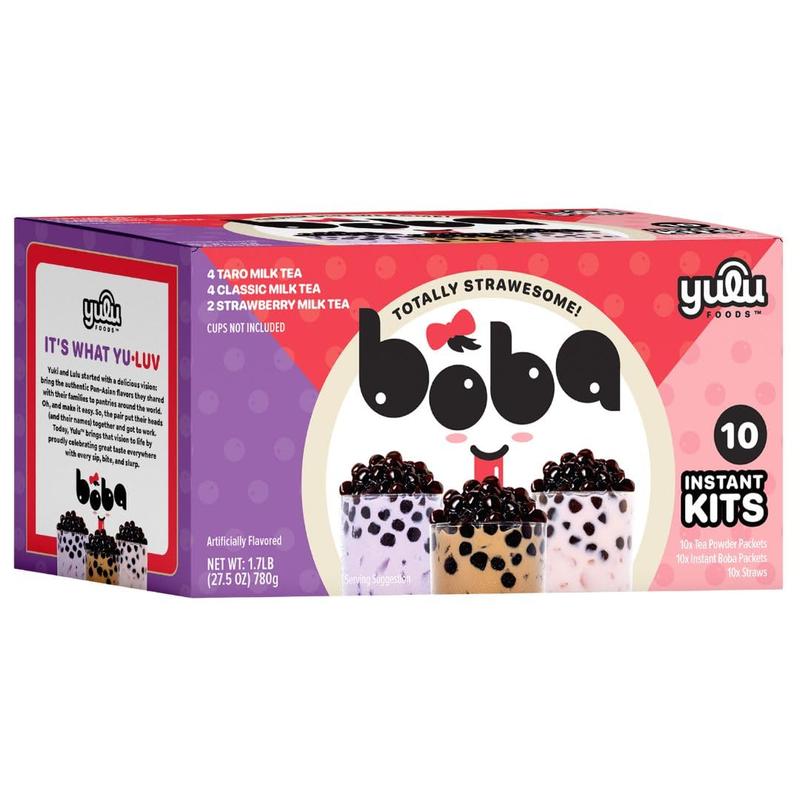 SALE - Boba Bundle Kit 10 Serv. Instant Bubble Pearl Variety Milk Tea Kit with Authentic Brown Sugar Tapioca Pearls by Yulu Foods - Ready in Under 1 Minute, Includes Paper Straws - Gift Box, Holiday (Classic, Taro and Strawberry)