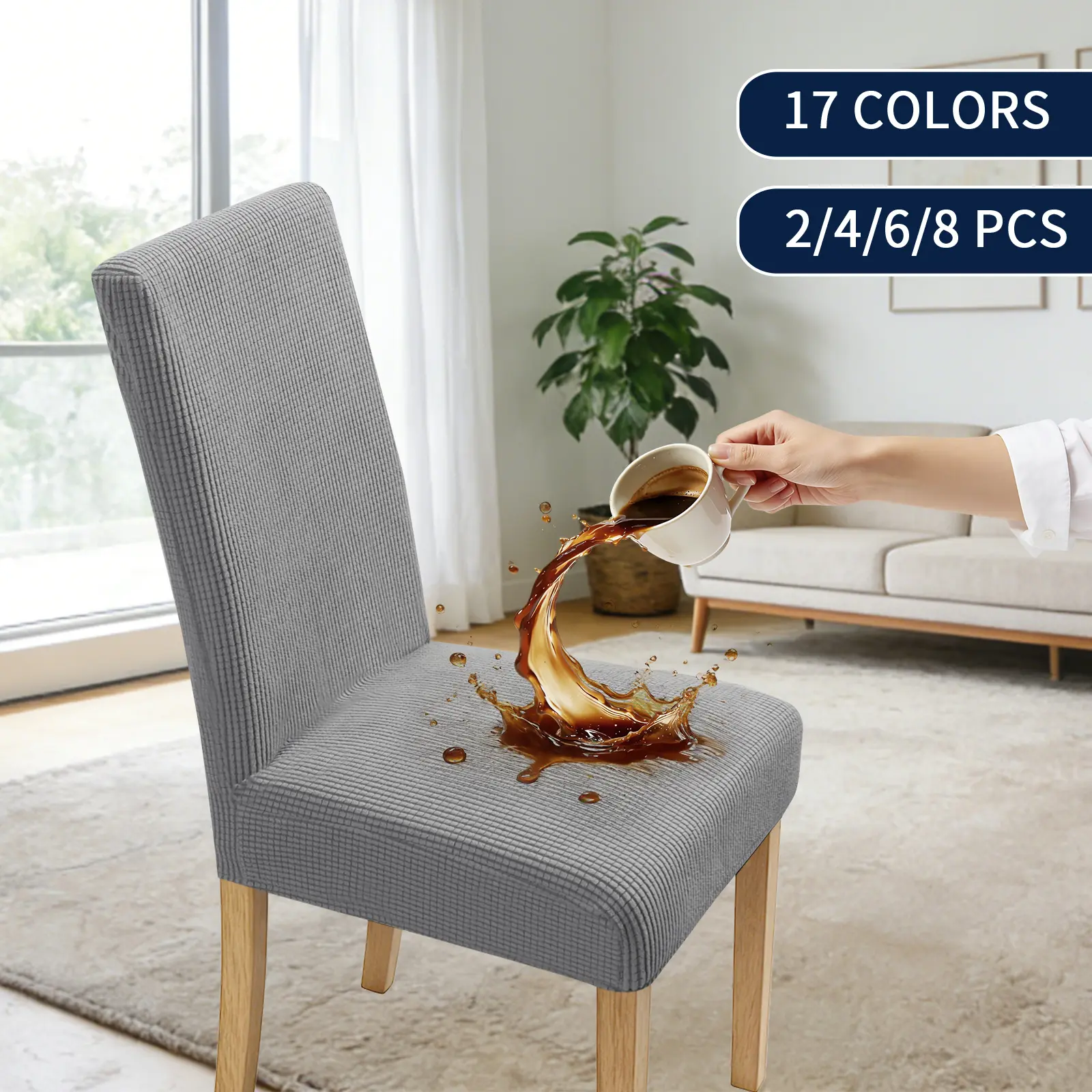 Easy-Going Waterproof Dining Chair Seat Cover Set (2/4/6/8) - Leakproof Stretch Jacquard Spandex Parson Slipcover, Removable Washable Protector, Wrinkle Resistant, Slips on in Seconds for Home, Restaurant