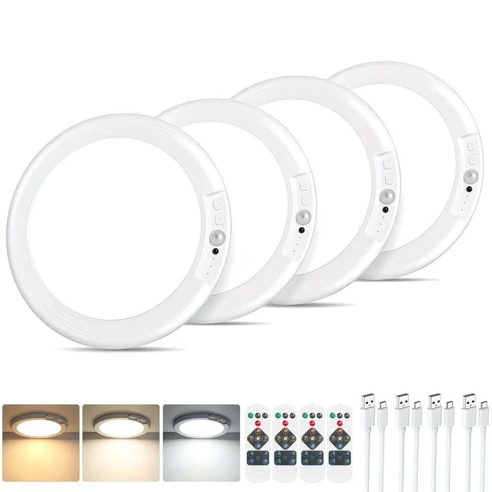 Rechargeable Motion Sensor Ceiling Light (1/2/4 Pack) - Battery Operated Lamp, Color Changeable LED, 3 Color Modes, Remote Control, Magnetic Mount Wireless Light for Closet, Shower, Garage