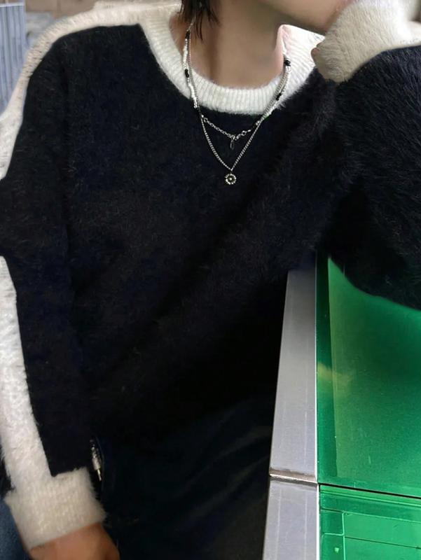 Sweaters for men - Men Loose Fit Contrast Knit Sweater Long Sleeve Crewneck for Fall Winter vacation clothes t shirts for men vintage clothing winter outfits y2k clothing sweater male clothes vacation outfit going out outfit y2k clothes outfits sweaters