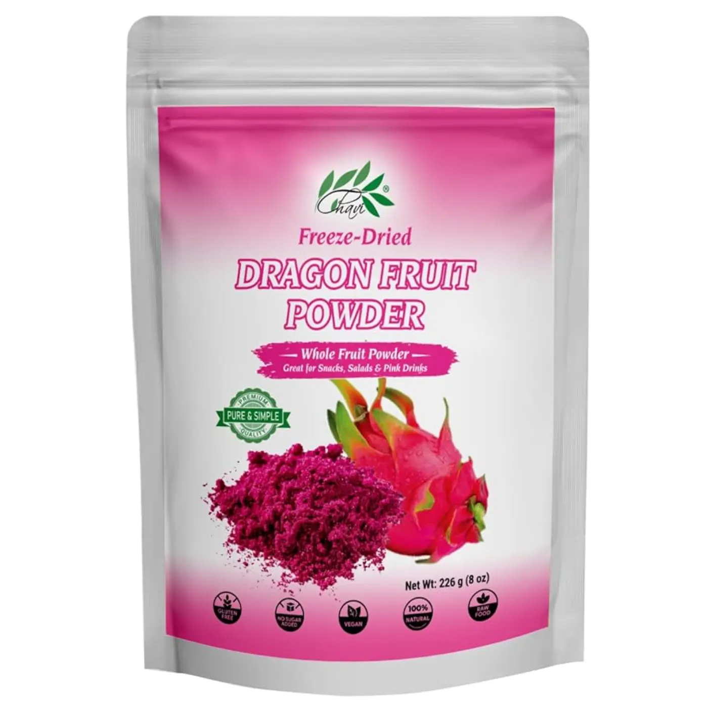 Chavi Freeze-Dried Pink Pitaya Dragon Fruit Powder - 8 Oz, Vitamin-Rich, No Added Sugars/Preservatives, Non-GMO, Vegan, Gluten-Free, Chavi Passion, Great for Drinks & Smoothies